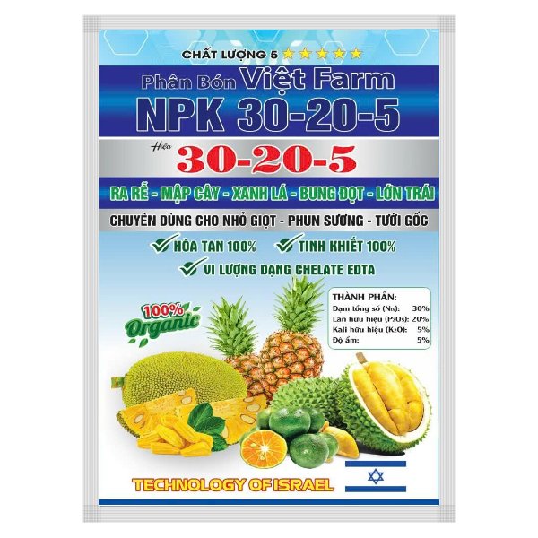Phân bón Việt Farm NPK 30 - 20 - 5 Ra rễ, mập cây, xanh lá, bung đọt, lớn trái